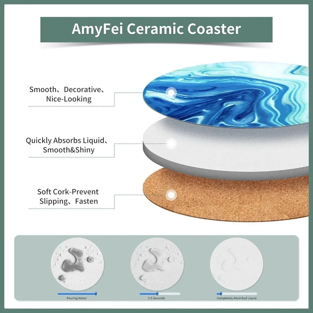 Ceramic Marble Coasters, 6 Sets of Round Tea Coasters with Holder on Dark Blue W
